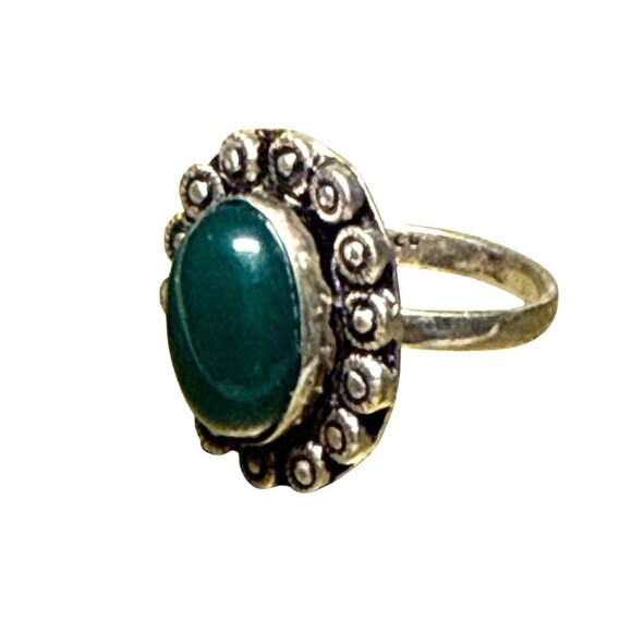 Sterling Silver Green Onyx Oval Ring Vintage Floral Boho Statement Jewelry - Picture 2 of 6